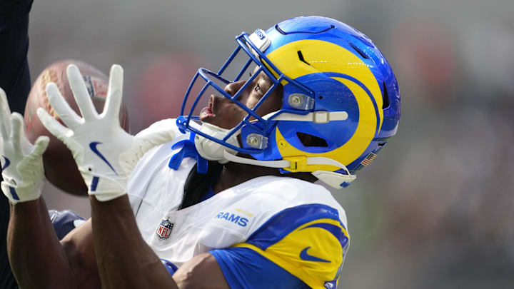 Aug 9, 2025; Inglewood, California, USA; Los Angeles Rams wide receiver Xavier Smith (19) catches a 39-yard pass in the first quarter against the Dallas Cowboys at SoFi Stadium. Mandatory Credit: Kirby Lee-Imagn Images