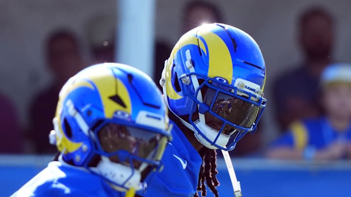 Jul 23, 2025; Los Angeles, CA, USA; Los Angeles Rams receiver Davante Adams (17) during training camp at Loyola Marymount University. Mandatory Credit: Kirby Lee-Imagn Images