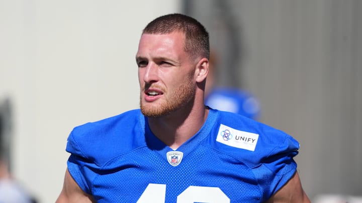 Jul 23, 2025; Los Angeles, CA, USA; Los Angeles Rams tight end Anthony Torres (46) during training camp at Loyola Marymount University. Mandatory Credit: Kirby Lee-Imagn Images