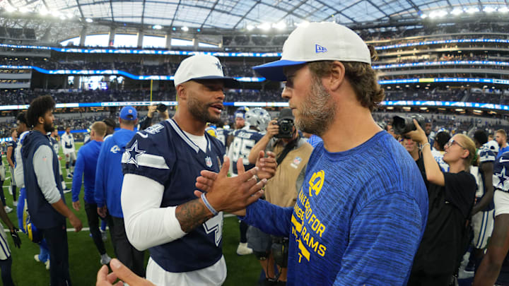 Aug 9, 2025; Inglewood, California, USA; Dallas Cowboys quarterback Dak Prescott (4) shakes hands with Los Angeles Rams quarterback Matthew Stafford after the game at SoFi Stadium. Mandatory Credit: Kirby Lee-Imagn Images