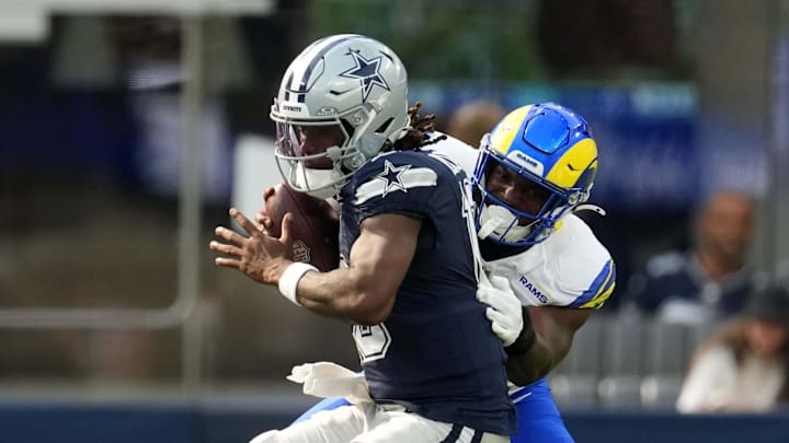 Aug 9, 2025; Inglewood, California, USA; Dallas Cowboys quarterback Joe Milton III (10) is sacked by Los Angeles Rams linebacker Josaiah Stewart (41) in the first half at SoFi Stadium. Mandatory Credit: Kirby Lee-Imagn Images Aug 9, 2025; Inglewood, California, USA; Dallas Cowboys quarterback Joe Milton III (10) is sacked by Los Angeles Rams linebacker Josaiah Stewart (41) in the first half at SoFi Stadium. Mandatory Credit: Kirby Lee-Imagn Images
