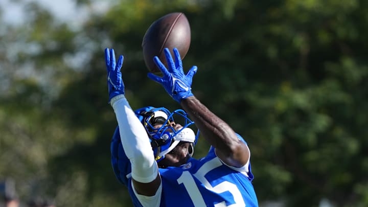 Jul 23, 2025; Los Angeles, CA, USA; Los Angeles Rams receiver Konata Mumpfield (15) catches the ball during training camp at Loyola Marymount University. Mandatory Credit: Kirby Lee-Imagn Images Jul 23, 2025; Los Angeles, CA, USA; Los Angeles Rams receiver Konata Mumpfield (15) catches the ball during training camp at Loyola Marymount University. Mandatory Credit: Kirby Lee-Imagn Images
