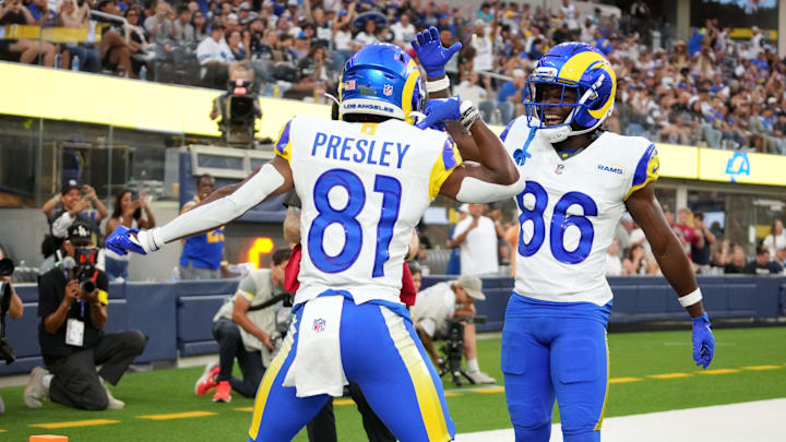 Aug 9, 2025; Inglewood, California, USA; Los Angeles Rams wide receiver Brennan Presley (81) celebrates with wide receiver Mario Williams (86) after catching a 7-yard touchdown pass in the fourth quarter against the Dallas Cowboys at SoFi Stadium. Mandatory Credit: Kirby Lee-Imagn Images Aug 9, 2025; Inglewood, California, USA; Los Angeles Rams wide receiver Brennan Presley (81) celebrates with wide receiver Mario Williams (86) after catching a 7-yard touchdown pass in the fourth quarter against the Dallas Cowboys at SoFi Stadium. Mandatory Credit: Kirby Lee-Imagn Images