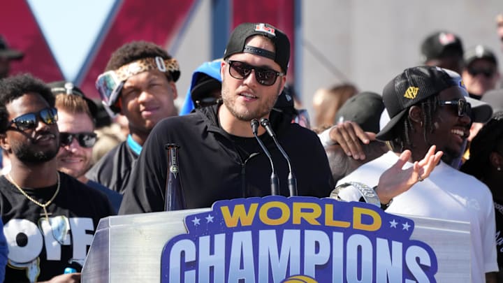 Feb 16, 2022; Los Angeles, CA, USA; Los Angeles Rams quarterback Matthew Stafford during the Super Bowl LVI championship rally at the Los Angeles Memorial Coliseum. Mandatory Credit: Kirby Lee-Imagn Images