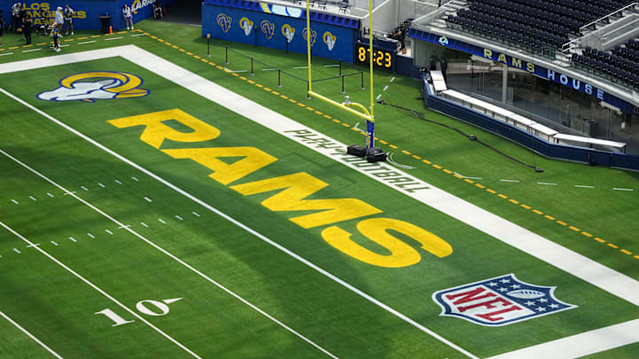 Aug 9, 2025; Inglewood, California, USA; The Los Angeles Rams logo in the end zone at SoFi Stadium. Mandatory Credit: Kirby Lee-Imagn Images Aug 9, 2025; Inglewood, California, USA; The Los Angeles Rams logo in the end zone at SoFi Stadium. Mandatory Credit: Kirby Lee-Imagn Images