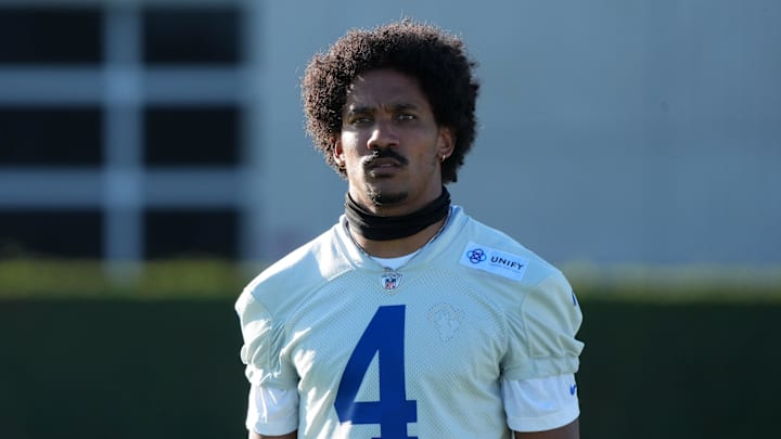 Jul 23, 2025; Los Angeles, CA, USA; Los Angeles Rams cornerback Ahkello Witherspoon (4) during training camp at Loyola Marymount University. Mandatory Credit: Kirby Lee-Imagn Images Jul 23, 2025; Los Angeles, CA, USA; Los Angeles Rams cornerback Ahkello Witherspoon (4) during training camp at Loyola Marymount University. Mandatory Credit: Kirby Lee-Imagn Images