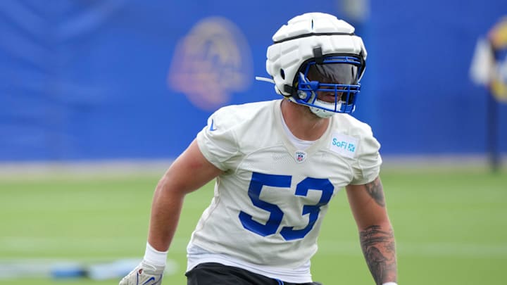 May 28, 2025; Woodland Hills, CA, USA; Los Angeles Rams linebacker Nate Landman (53) during organized team activities at Rams Practice Facility. Mandatory Credit: Kirby Lee-Imagn Images