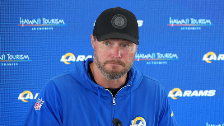 Jun 3, 2025; Woodland Hills, CA, USA; Los Angeles Rams special teams coordinator Chase Blackburn at press conference during organized team activities at Rams Practice Facility. Mandatory Credit: Kirby Lee-Imagn Images