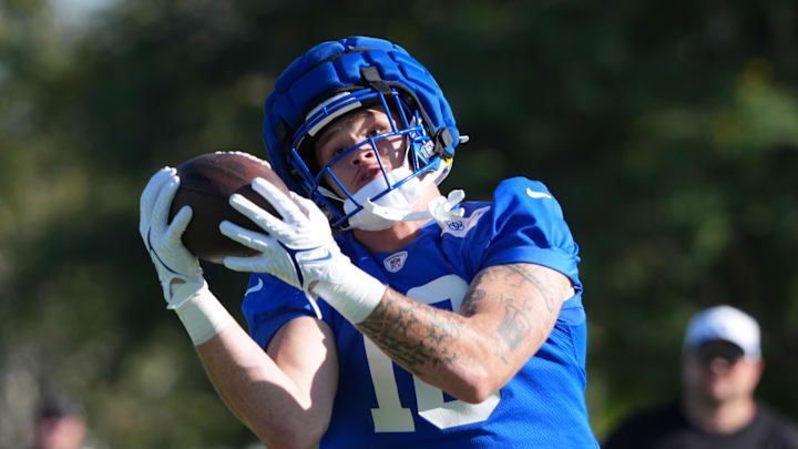 Jul 23, 2025; Los Angeles, CA, USA; Los Angeles Rams tight end Terrance Ferguson (18) catches the ball during training camp at Loyola Marymount University. Mandatory Credit: Kirby Lee-Imagn Images