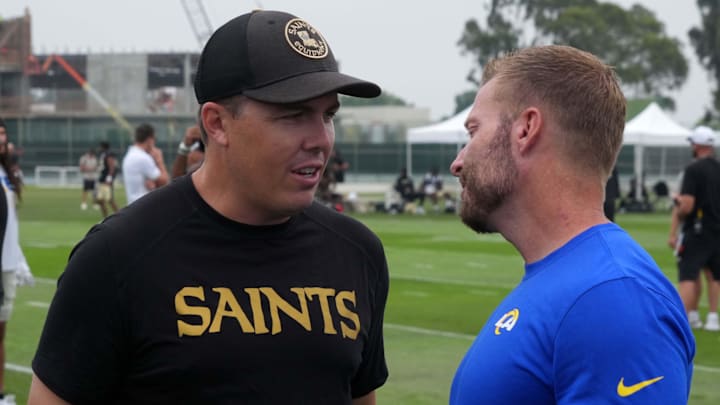 Aug 14, 2025; Carson, CA, USA; New Orleans Saints head coach Kellen Moore (left) talks with Los Angeles Rams head coach Sean McVay during a joint practice at the Dignity Health Sports Park. Mandatory Credit: Kirby Lee-Imagn Images Aug 14, 2025; Carson, CA, USA; New Orleans Saints head coach Kellen Moore (left) talks with Los Angeles Rams head coach Sean McVay during a joint practice at the Dignity Health Sports Park. Mandatory Credit: Kirby Lee-Imagn Images