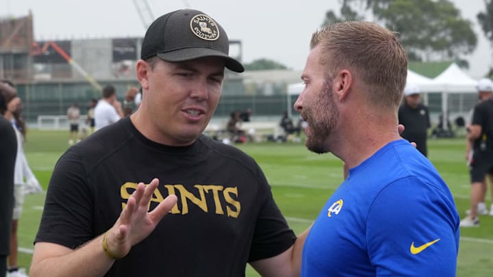Aug 14, 2025; Carson, CA, USA; New Orleans Saints head coach Kellen Moore (left) talks with Los Angeles Rams head coach Sean McVay during a joint practice at the Dignity Health Sports Park. Mandatory Credit: Kirby Lee-Imagn Images Aug 14, 2025; Carson, CA, USA; New Orleans Saints head coach Kellen Moore (left) talks with Los Angeles Rams head coach Sean McVay during a joint practice at the Dignity Health Sports Park. Mandatory Credit: Kirby Lee-Imagn Images