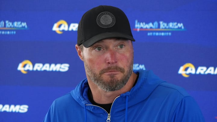 Jun 3, 2025; Woodland Hills, CA, USA; Los Angeles Rams special teams coordinator Chase Blackburn at press conference during organized team activities at Rams Practice Facility. Mandatory Credit: Kirby Lee-Imagn Images