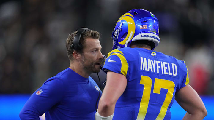 Dec 8, 2022; Inglewood, California, USA; Los Angeles Rams quarterback Baker Mayfield (17) talks with coach Sean McVay in the second half against the Las Vegas Raiders at SoFi Stadium. Mandatory Credit: Kirby Lee-Imagn Images Dec 8, 2022; Inglewood, California, USA; Los Angeles Rams quarterback Baker Mayfield (17) talks with coach Sean McVay in the second half against the Las Vegas Raiders at SoFi Stadium. Mandatory Credit: Kirby Lee-Imagn Images