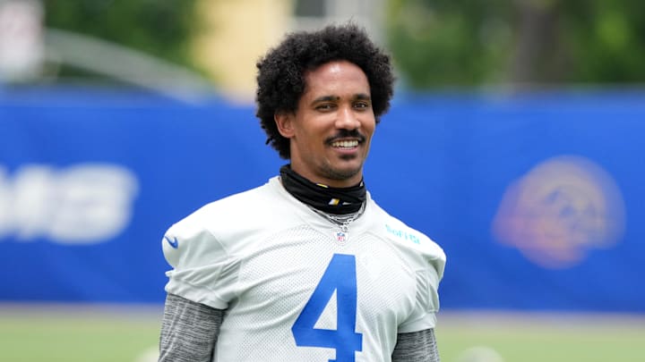 Jun 3, 2025; Woodland Hills, CA, USA; Los Angeles Rams cornerback Ahkello Witherspoon (4) during organized team activities at Rams Practice Facility. Mandatory Credit: Kirby Lee-Imagn Images
