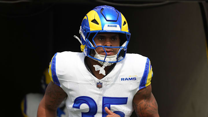 Aug 16, 2025; Inglewood, California, USA; Los Angeles Rams running back Jarquez Hunter (35) enters the field against the Los Angeles Chargers in the first half at SoFi Stadium. Mandatory Credit: Kirby Lee-Imagn Images