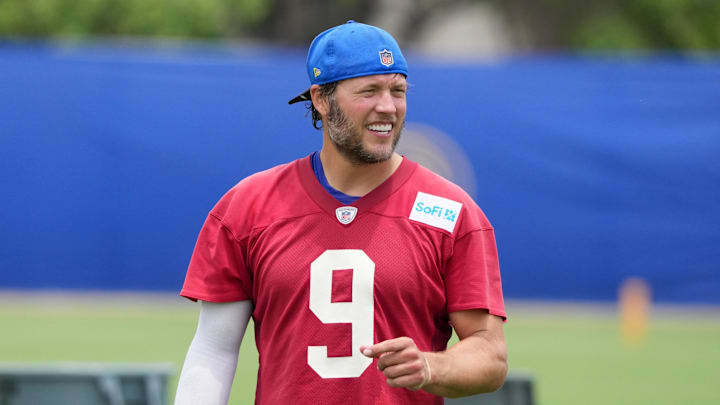 Jun 3, 2025; Woodland Hills, CA, USA; Los Angeles Rams quarterback Matthew Stafford (9) during organized team activities at Rams Practice Facility. Mandatory Credit: Kirby Lee-Imagn Images