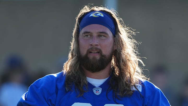 Jul 23, 2025; Los Angeles, CA, USA; Los Angeles Rams lineman Wyatt Bowles (60) during training camp at Loyola Marymount University. Mandatory Credit: Kirby Lee-Imagn Images