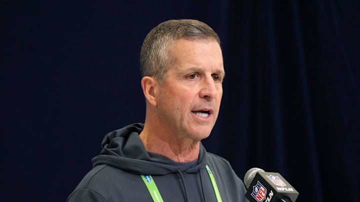 Feb 25, 2025; Indianapolis, IN, USA; Baltimore Ravens coach John Harbaugh speaks during the NFL Scouting Combine at the Indiana Convention Center. Mandatory Credit: Kirby Lee-Imagn Images