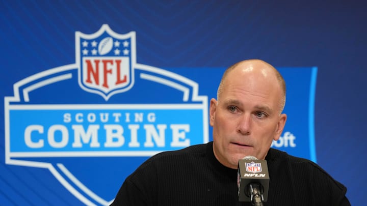 Feb 25, 2025; Indianapolis, IN, USA; Baltimore Ravens general manager Eric DeCosta speaks during the NFL Scouting Combine at the Indiana Convention Center. Mandatory Credit: Kirby Lee-Imagn Images