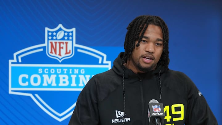Marshall defensive lineman Mike Green during the NFL Scouting Combine at the Indiana Convention Center. Mandatory Credit: Kirby Lee-Imagn Images