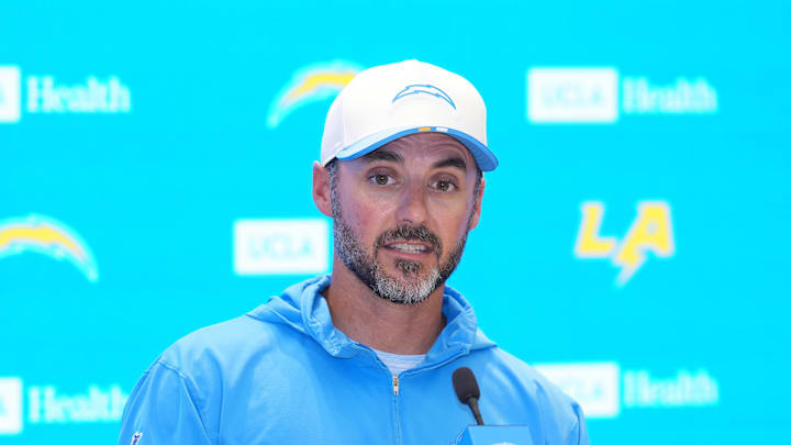 Aug 7, 2025; El Segundo, CA, USA; Los Angeles Chargers defensive coordinator Jesse Minter at press conference during training camp at The Bolt. Mandatory Credit: Kirby Lee-Imagn Images