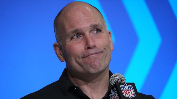 Mar 1, 2023; Indianapolis, IN, USA; Baltimore Ravens general manager Eric DeCosta during the NFL Scouting Combine at the Indiana Convention Center. Mandatory Credit: Kirby Lee-Imagn Images