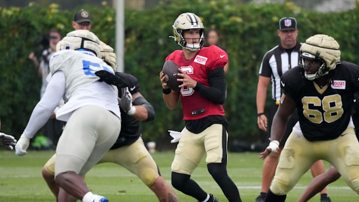 Aug 14, 2025; Carson, CA, USA; New Orleans Saints quarterback Tyler Shough (6) throws the ball during a joint practice against the Los Angeles Rams at the Dignity Health Sports Park. Mandatory Credit: Kirby Lee-Imagn Images Aug 14, 2025; Carson, CA, USA; New Orleans Saints quarterback Tyler Shough (6) throws the ball during a joint practice against the Los Angeles Rams at the Dignity Health Sports Park. Mandatory Credit: Kirby Lee-Imagn Images