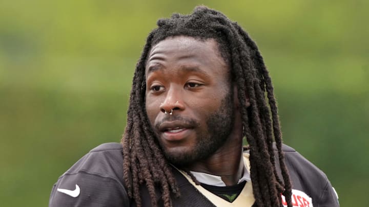 Aug 14, 2025; Carson, CA, USA;  New Orleans Saints running back Alvin Kamara (41) during a joint practice against the Los Angeles Rams at the Dignity Health Sports Park. Mandatory Credit: Kirby Lee-Imagn Images