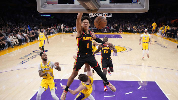 Mar 18, 2024; Los Angeles, California, USA; Atlanta Hawks forward Jalen Johnson (1) dunks the ball