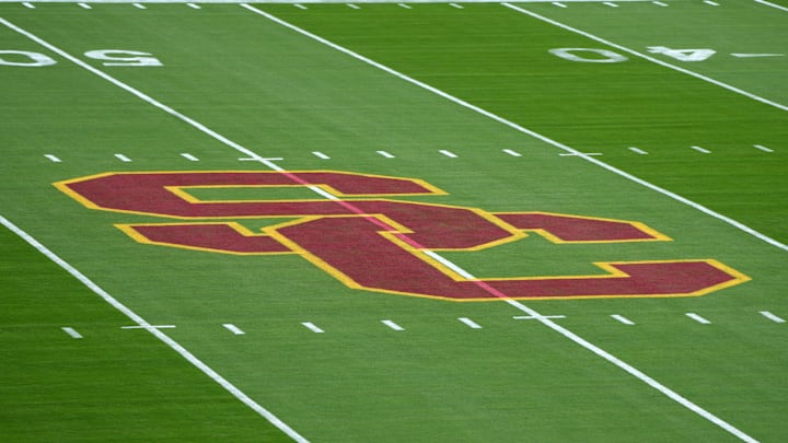 Sep 2, 2023; Los Angeles, California, USA; The Southern California Trojans logo at midfield at