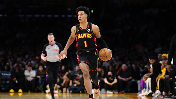 Mar 18, 2024; Los Angeles, California, USA; Atlanta Hawks forward Jalen Johnson (1) dribbles the
