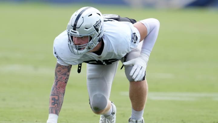 Aug 19, 2021; Thousand Oaks, CA, USA; Las Vegas Raiders defensive end Maxx Crosby (98) waits for the