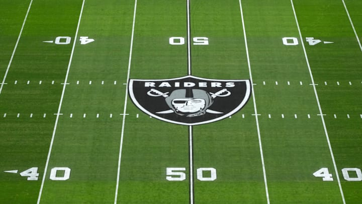 Dec 10, 2023; Paradise, Nevada, USA; The Las Vegas Raiders shield logo at midfield at Allegiant Dec 10, 2023; Paradise, Nevada, USA; The Las Vegas Raiders shield logo at midfield at Allegiant