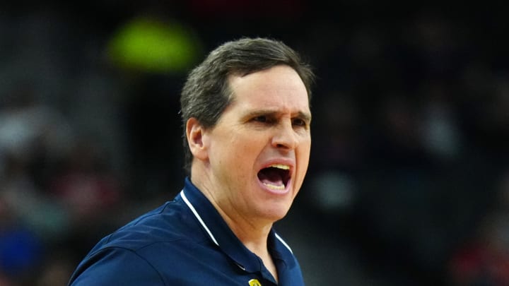 Mar 13, 2024; Las Vegas, NV, USA; California Golden Bears coach Mark Madsen reacts against the