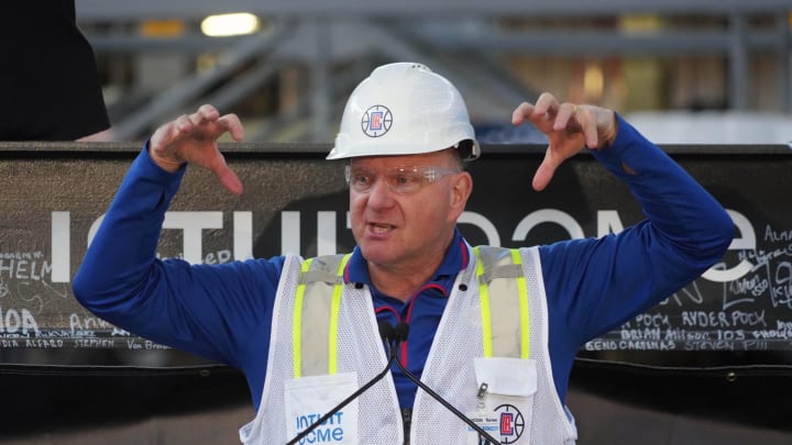 Mar 7, 2023; Inglewood CA, USA; LA Clippers owner Steve Ballmer speaks at a topping off ceremony for Intuit Dome Mar 7, 2023; Inglewood CA, USA; LA Clippers owner Steve Ballmer speaks at a topping off ceremony for Intuit Dome