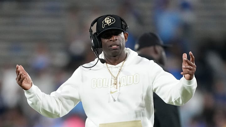 Oct 28, 2023; Pasadena, California, USA; Colorado Buffaloes head coach Deion Sanders reacts against
