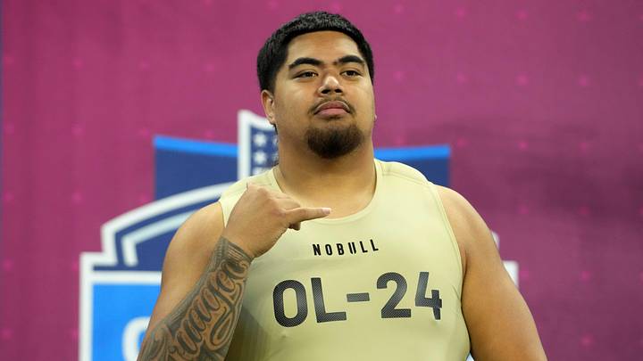 Mar 3, 2024; Indianapolis, IN, USA; Oregon State offensive lineman Taliese Fuaga (OL24) poses during Mar 3, 2024; Indianapolis, IN, USA; Oregon State offensive lineman Taliese Fuaga (OL24) poses during