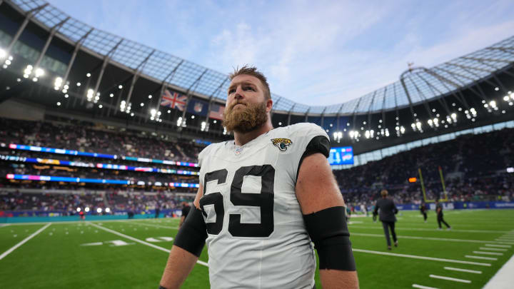 Oct 8, 2023; London United Kingdom, Jacksonville Jaguars center Tyler Shatley (69) leaves the field Oct 8, 2023; London United Kingdom, Jacksonville Jaguars center Tyler Shatley (69) leaves the field