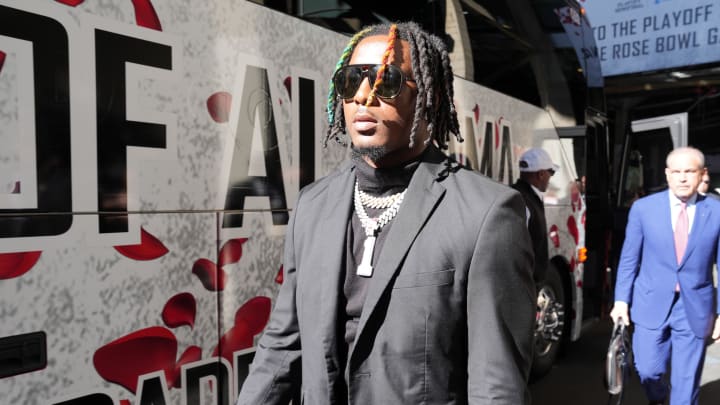 Jan 1, 2024; Pasadena, CA, USA; Alabama Crimson Tide defensive back Kool-Aid McKinstry arrives at