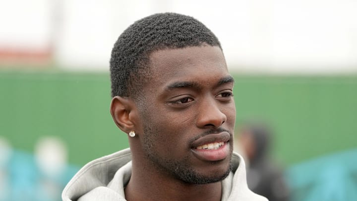 Apr 24, 2024; Detroit, MI, USA; Alabama Crimson Tide cornerback Terrion Arnold reacts at the Play