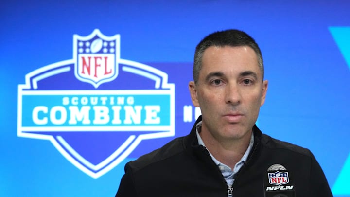Feb 27, 2024; Indianapolis, IN, USA; Las Vegas Raiders general manager Tom Telesco during the NFL Feb 27, 2024; Indianapolis, IN, USA; Las Vegas Raiders general manager Tom Telesco during the NFL