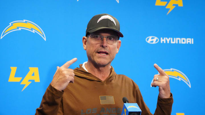 Jun 13, 2024; Costa Mesa, CA, USA; Los Angeles Chargers head coach Jim Harbaugh at a press conference during minicamp at the Hoag Performance Center. Mandatory Credit: Kirby Lee-USA TODAY Sports Jun 13, 2024; Costa Mesa, CA, USA; Los Angeles Chargers head coach Jim Harbaugh at a press conference during minicamp at the Hoag Performance Center. Mandatory Credit: Kirby Lee-USA TODAY Sports