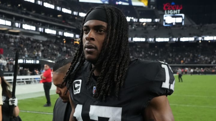 Oct 9, 2023; Paradise, Nevada, USA; Las Vegas Raiders wide receiver Davante Adams (17) walks off the field after the game against the Green Bay Packers at Allegiant Stadium. Mandatory Credit: Kirby Lee-USA TODAY Sports