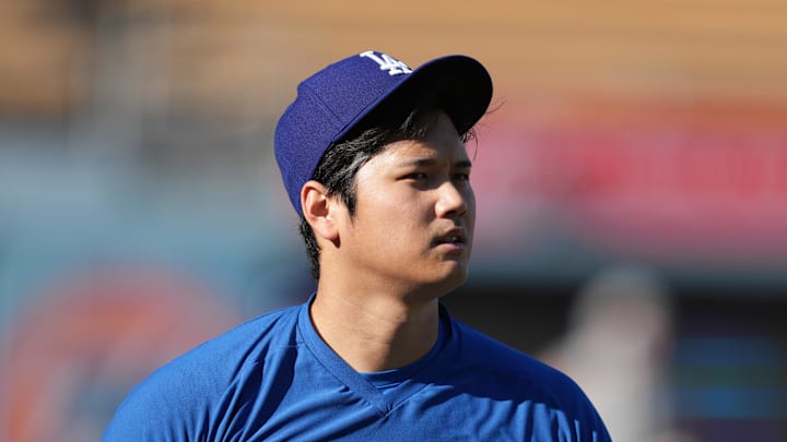 Sep 25, 2024; Los Angeles, California, USA; Los Angeles Dodgers designated hitter Shohei Ohtani (17) before the game against the San Diego Padres at Dodger Stadium.