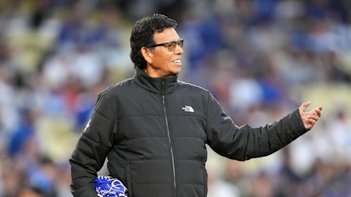 Apr 1, 2024; Los Angeles, California, USA; Los Angeles Dodgers former pitcher Fernando Valenzuela attends the game against the San Francisco Giants at Dodger Stadium. Apr 1, 2024; Los Angeles, California, USA; Los Angeles Dodgers former pitcher Fernando Valenzuela attends the game against the San Francisco Giants at Dodger Stadium.