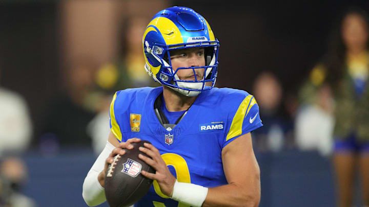 Nov 11, 2024; Inglewood, California, USA; Los Angeles Rams quarterback Matthew Stafford (9) throws the ball against the Miami Dolphins in the second half at SoFi Stadium. Mandatory Credit: Kirby Lee-Imagn Images