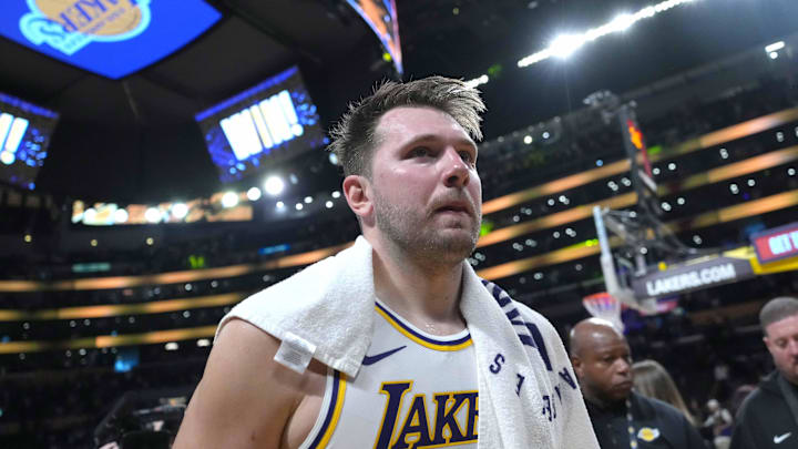 Los Angeles Lakers guard Luka Doncic (77) reacts after the game against the Phoenix Suns at Crypto.com Arena.