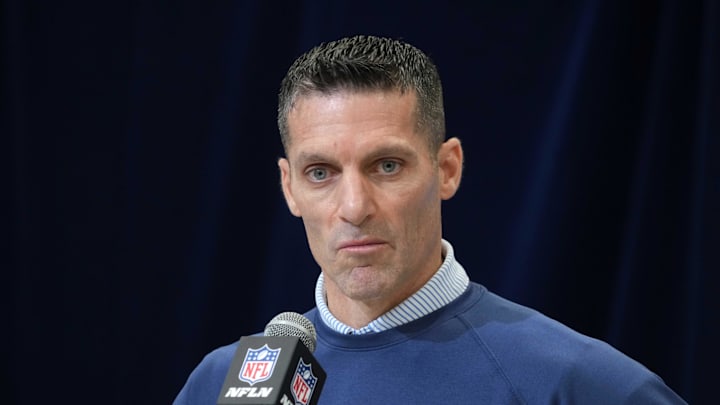 Feb 27, 2025; Indianapolis, IN, USA; Houston Texans general manager Nick Caserio speaks during the 2025 NFL Scouting Combine at the Indiana Convention Center. Mandatory Credit: Kirby Lee-Imagn Images