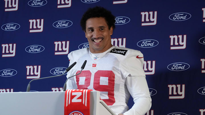 Nov 8, 2024; Munich, Germany; New York Giants tight end Jakob Johnson (89) during press conference at the FC Bayern Munchen training grounds at Sabener Strasse. Mandatory Credit: Kirby Lee-Imagn Images Nov 8, 2024; Munich, Germany; New York Giants tight end Jakob Johnson (89) during press conference at the FC Bayern Munchen training grounds at Sabener Strasse. Mandatory Credit: Kirby Lee-Imagn Images
