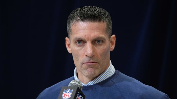 Feb 27, 2025; Indianapolis, IN, USA; Houston Texans general manager Nick Caserio speaks during the 2025 NFL Scouting Combine at the Indiana Convention Center. Mandatory Credit: Kirby Lee-Imagn Images
